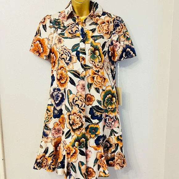 Joie Floral Button Front Mini collar Dress – Cream Multi – Romantic - Picture 3 of 6